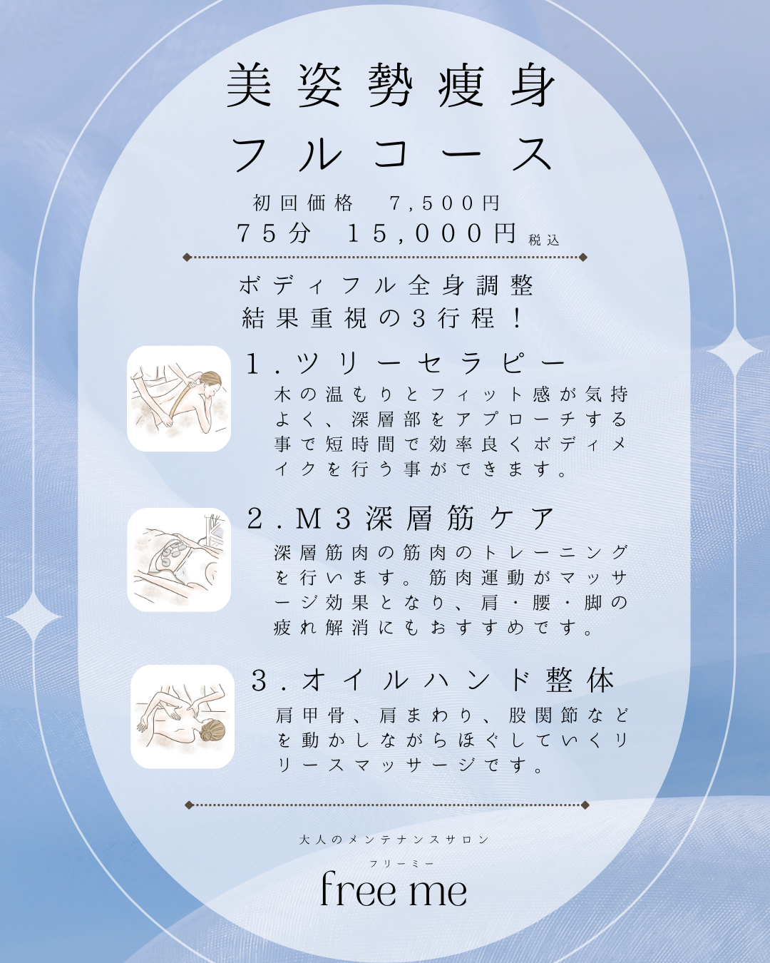 美姿勢痩身　ボディフル（７５分）東区　整体×エステ　ツリーセラピー専門店   free me